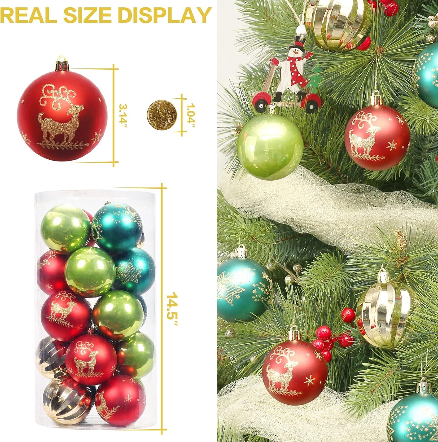 20PCS Christmas Ball Ornaments Set, Shatterproof Handpainted Decorations for Xmas Tree, Home Decor for Holiday, Party, Birthday, Wedding, Anniversary, Christmas- 80Mm/3.14", Colorful.