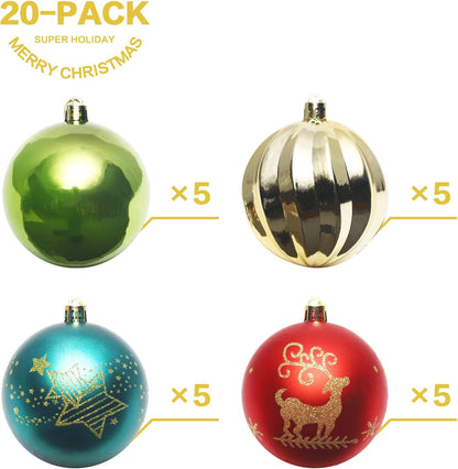 20PCS Christmas Ball Ornaments Set, Shatterproof Handpainted Decorations for Xmas Tree, Home Decor for Holiday, Party, Birthday, Wedding, Anniversary, Christmas- 80Mm/3.14", Colorful.