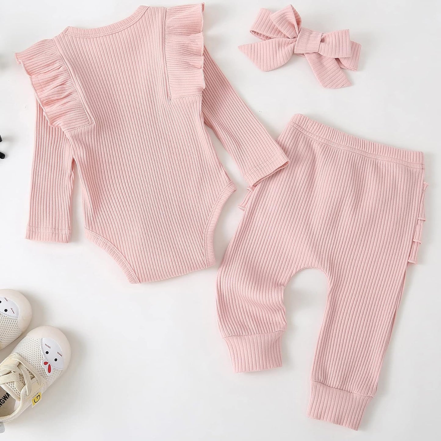 Baby Girl'S 3Pc Rib Frill Long Sleeve Romper and Pant Set