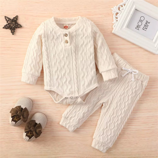 Solid Color Newborn Baby Knitted Warm 2Pcs Suit Toddler Girl Boy Long Sleeve Romper Tops Pants Fall Winter Homewear 2021