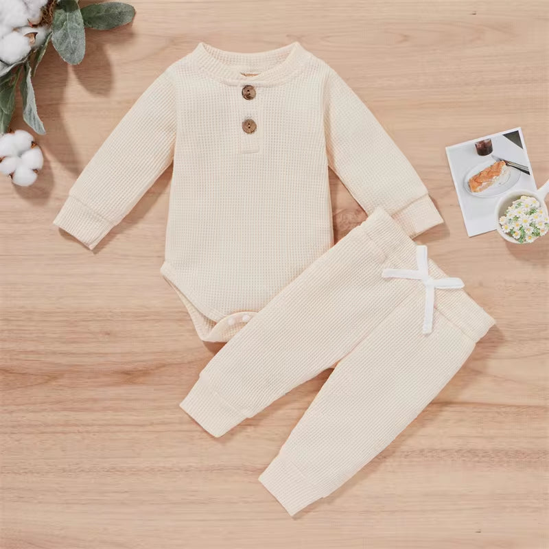 Solid Color Newborn Baby Knitted Warm 2Pcs Suit Toddler Girl Boy Long Sleeve Romper Tops Pants Fall Winter Homewear 2021