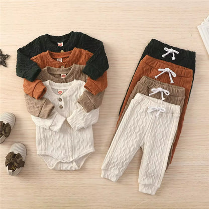 Solid Color Newborn Baby Knitted Warm 2Pcs Suit Toddler Girl Boy Long Sleeve Romper Tops Pants Fall Winter Homewear 2021